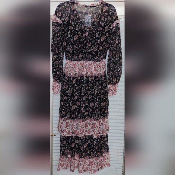 H&M Dark Floral Dress Black Red Tier Maxi Ruffle Long Sleeve Prairie - Picture 4 of 7